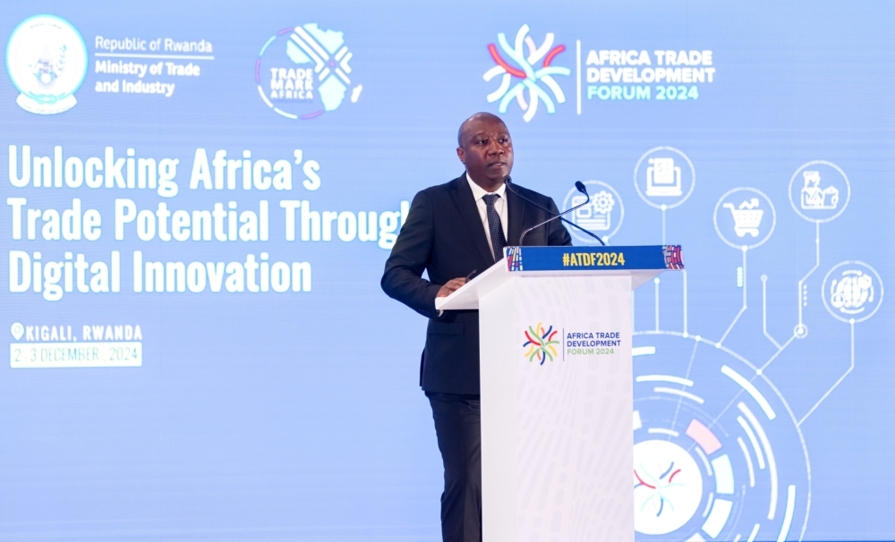 Prime Minister Edouard Ngirente delivers his remarks during the opening of the Africa Trade Development Forum in Kigali on Monday, December 2. Courtesy