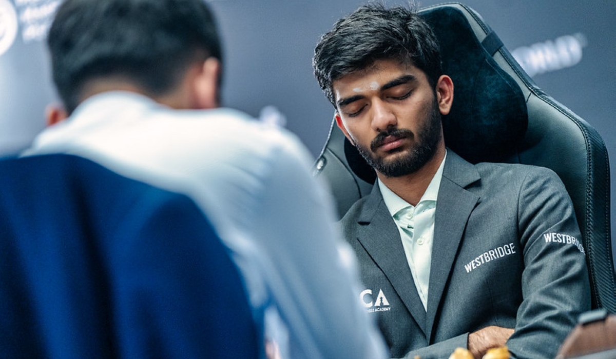 Indian GM Gukesh Dommaraju characteristically closes his eyes during Game 7 of the FIDE World Championship match on Tuesday, December 3. Courtesy of FIDE