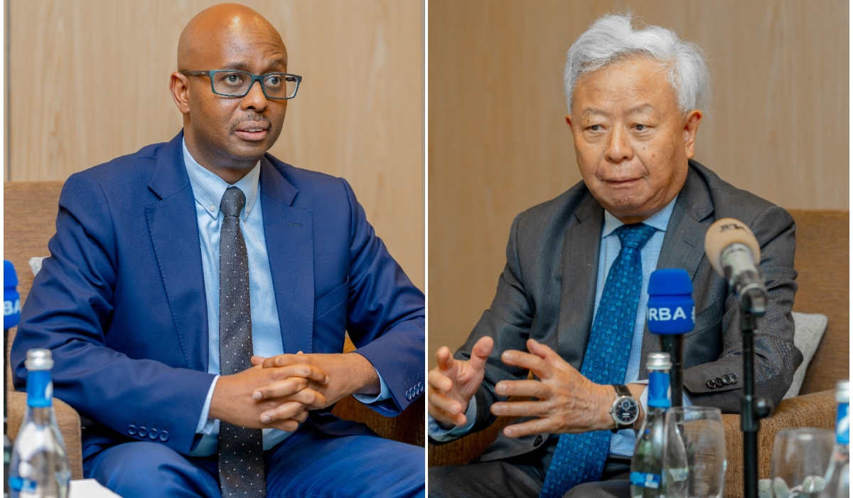 Yusuf Murangwa, the Minister of Finance and Economic Planning; and Jin Liqun, President of the Asian Infrastructure Investment Bank (AIIB) during the joint preconference in Kigali on Tuesday, December 3. Courtesy of MINECOFIN