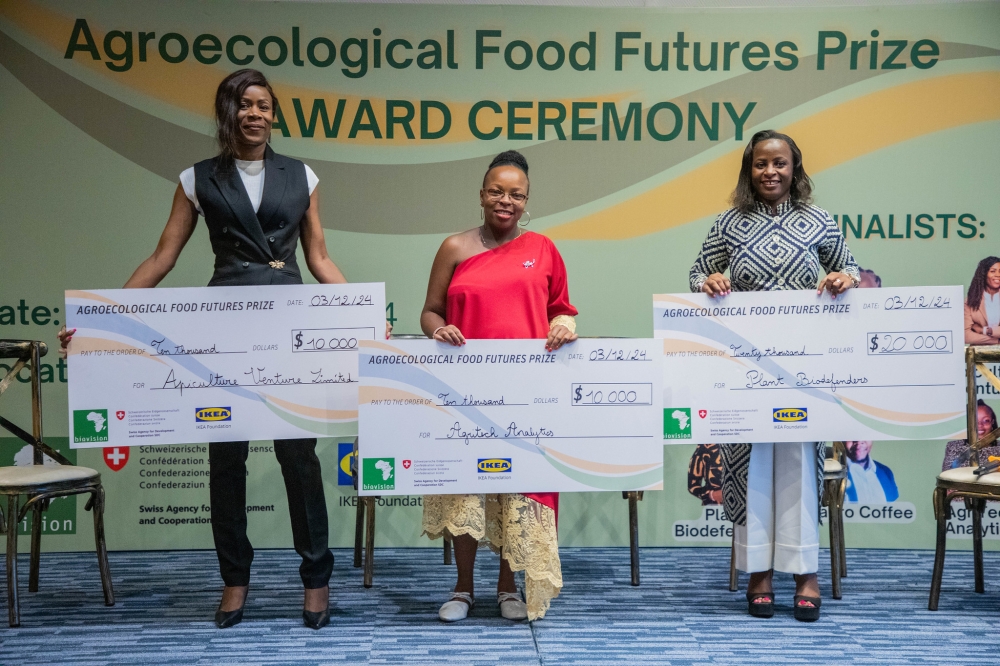 Three women agripreneurs Dr. Never Zekeya Mwembela from Tanzania, and Kenya&#039;s Gladwell Karangi and Pauline Otila Kamwara  were awarded at the Agroecological Food Futures Prize in Kigali on December 3. Photos by  Craish Bahizi