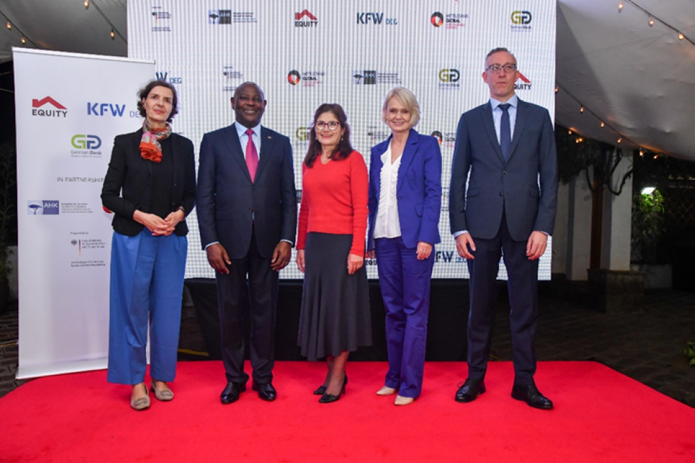 L-R: Dr. Monika Erath (German Industry Delegate), Dr. James Mwangi (Equity Group CEO), H.E. Henriette Geiger (EU Ambassador to Kenya), Ms. Petra Kotte (DEG), and H.E. Sebastian Groth (German Ambassador to Kenya) at the launch of the German Desk by Equity Group and DEG. The desk will support European SMEs and local partners in East Africa with financial and relationship management services.