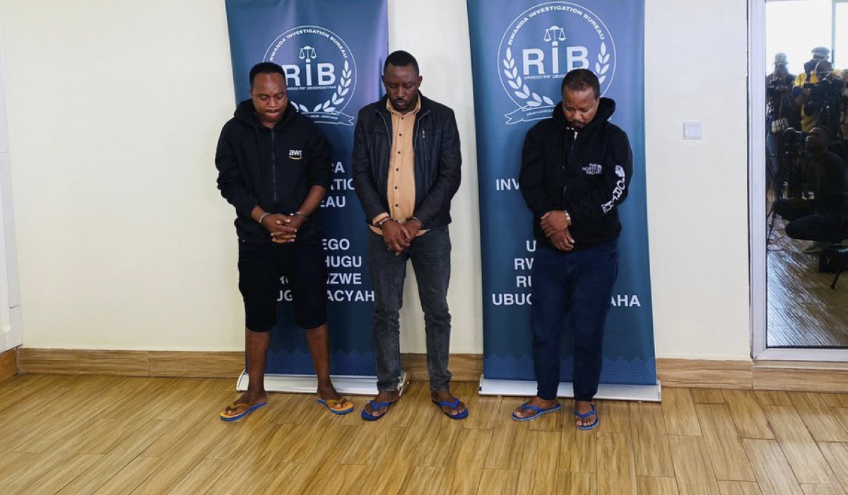 Three suspects that were paraded by Rwanda Investigation Bureau on Wednesday, December 4. Courtesy