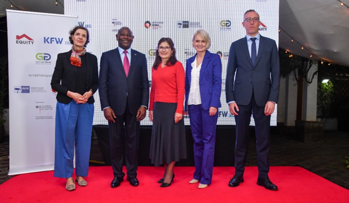 L-R: Dr. Monika Erath (German Industry Delegate), Dr. James Mwangi (Equity Group CEO), H.E. Henriette Geiger (EU Ambassador to Kenya), Ms. Petra Kotte (DEG), and H.E. Sebastian Groth (German Ambassador to Kenya) at the launch of the German Desk by Equity Group and DEG. The desk will support European SMEs and local partners in East Africa with financial and relationship management services.