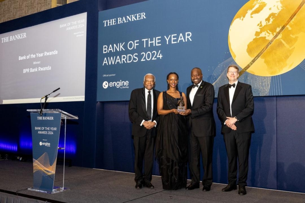 BPR Bank Rwanda Managing Director Patience Mutesi receives the award as the bank honoured as ‘Bank of the Year 2024, in Rwanda during a gala event at the Peninsula Hotel, London, on December 4, 2024. Courtesy