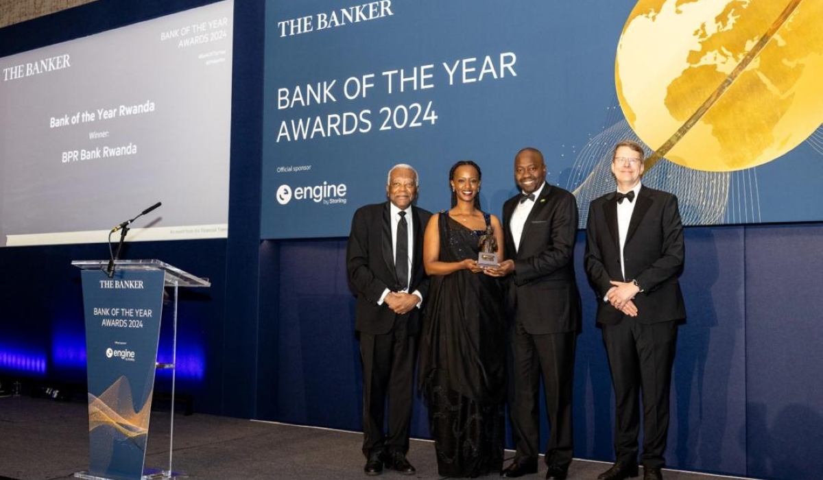 BPR Bank Rwanda Managing Director Patience Mutesi receives the award as the bank honoured as ‘Bank of the Year 2024, in Rwanda during a gala event at the Peninsula Hotel, London, on December 4, 2024. Courtesy