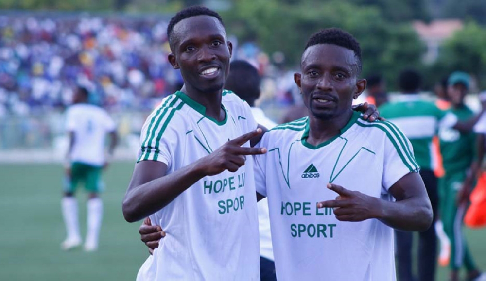 Nizeyimana (left) and Jean Claude Zagabe celebrate a goal against Rayon Sports in a past game.