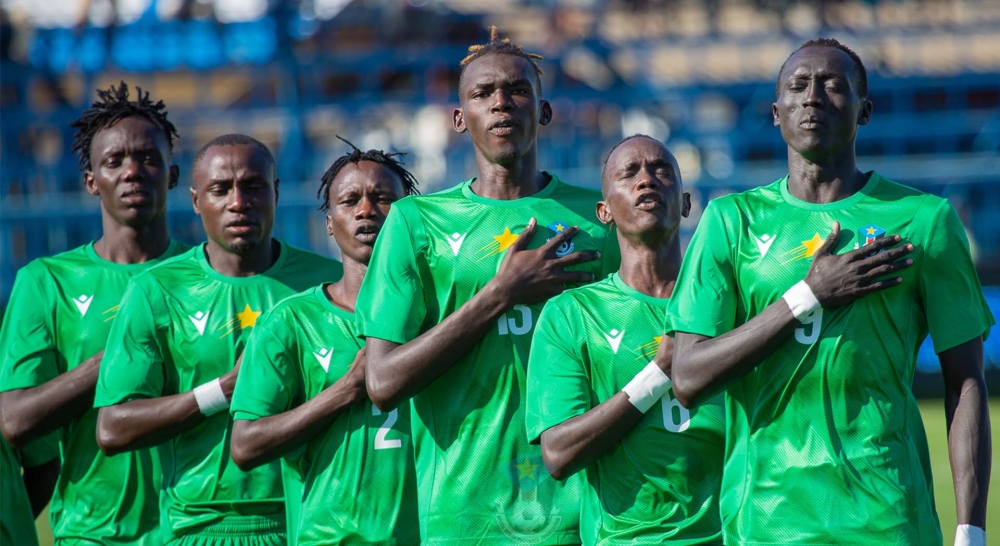 South Sudanese players sing their country&#039;s national anthem before kickoff of a previous match.