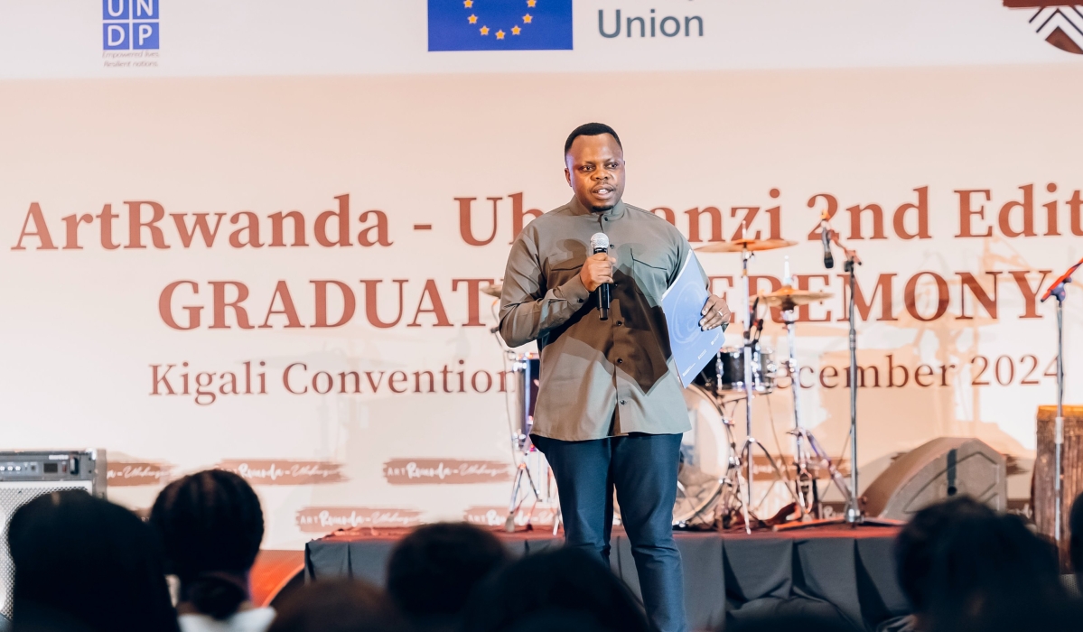 Minister of Youth and Arts Dr Jean Nepo Abdallah Utumatwishima speak during the graduation of the second cohort of ArtRwanda-Ubuhanzi held in Kigali on Friday, December 6-courtesy