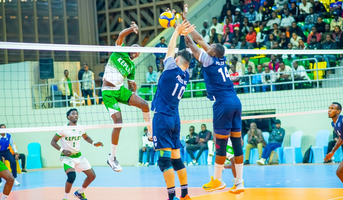 Police VC players block a ball from Kepler VC on Friday, December 6, in a game in which they triumphed on 3-1 sets.