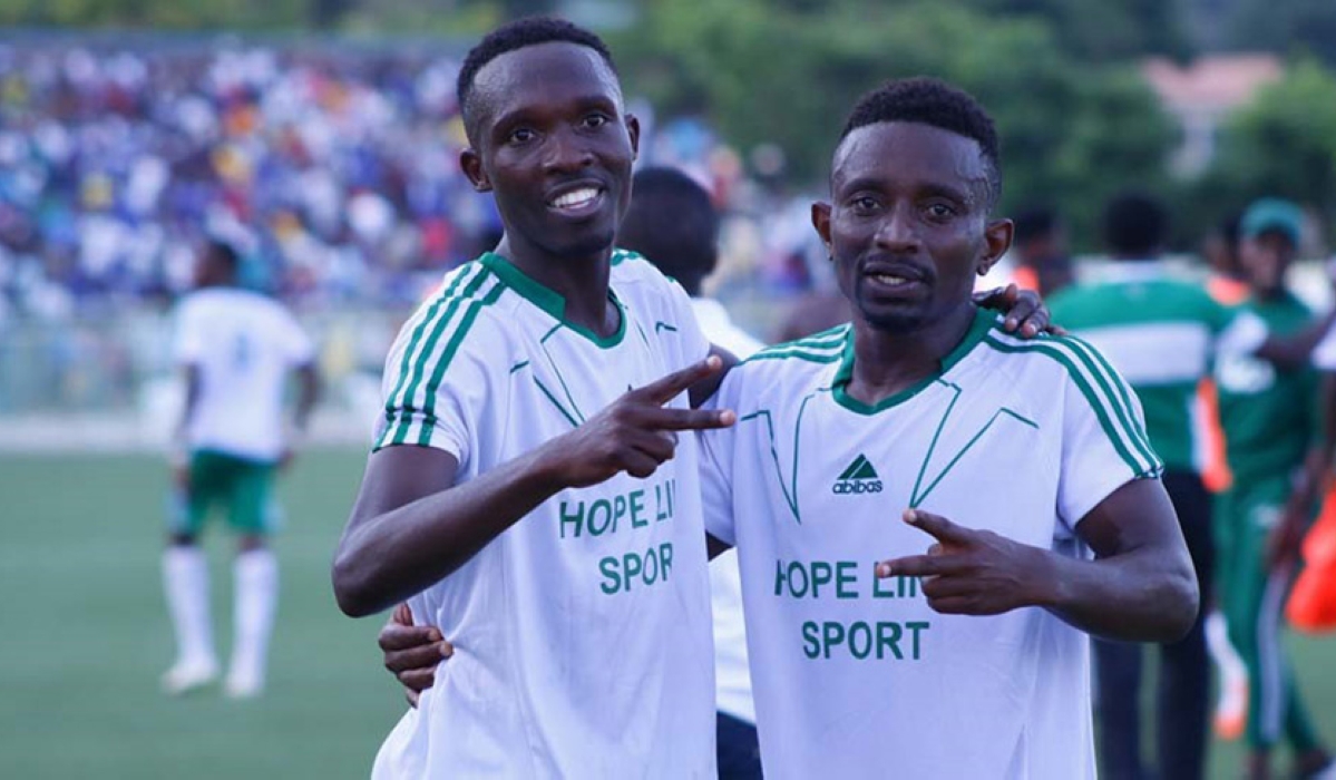 Nizeyimana (left) and Jean Claude Zagabe celebrate a goal against Rayon Sports in a past game.