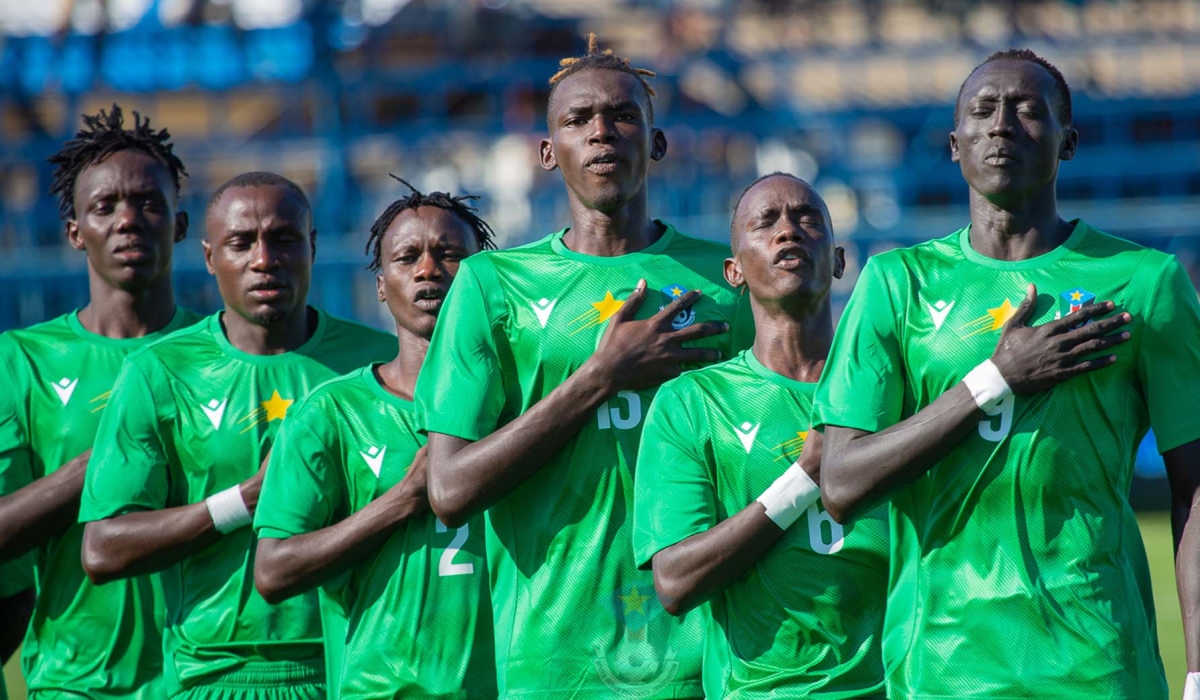 South Sudanese players sing their country&#039;s national anthem before kickoff of a previous match.