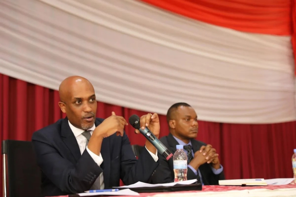 Minister of Justice Emmanuel Ugirashebuja addresses notaries during their general assembly in Kigali on July 10, 2023. File