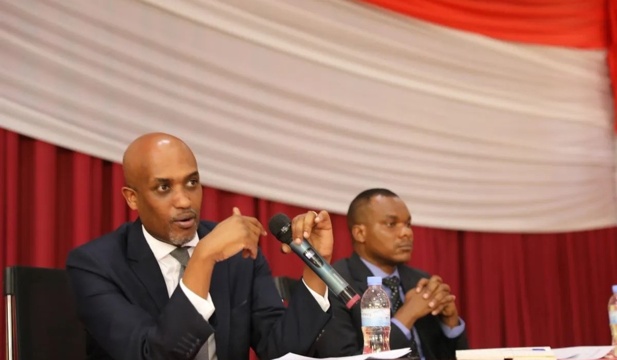 Minister of Justice Emmanuel Ugirashebuja addresses notaries during their general assembly in Kigali on July 10, 2023. File