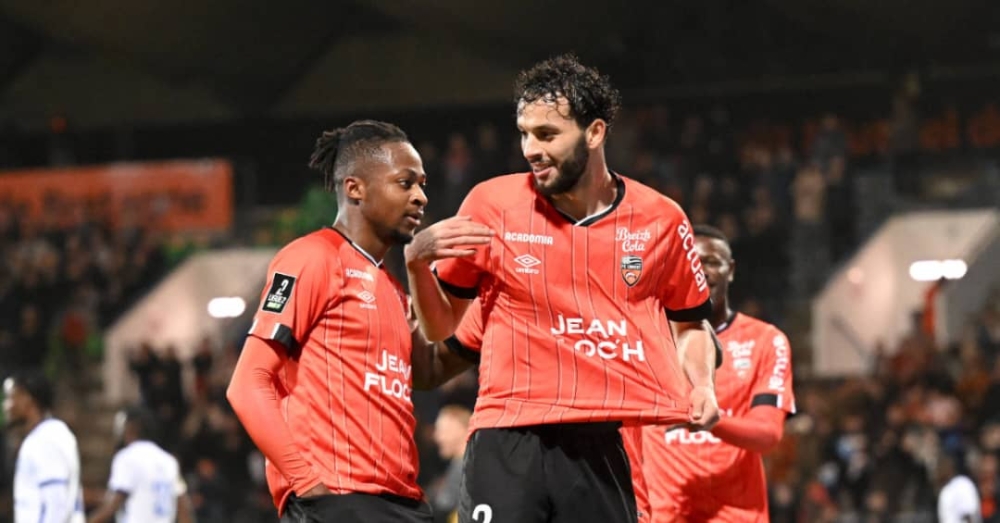 Joel Mugisha celebrates with his team mate during Lorient&#039;s 2-0 win over Troyes-Courtesy