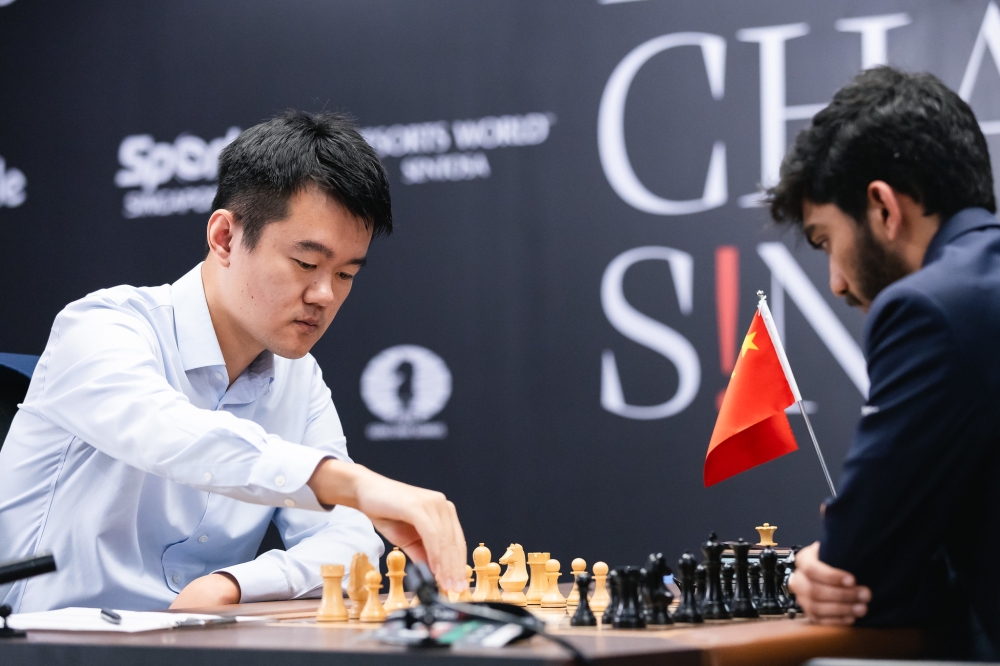 World Champion Ding Liren during Game 12 of the 2024 FIDE World Championship match at Singapore&#039;s Equarius Hotel in Resorts World Sentosa, on Monday, December 9. Courtesy of FIDE