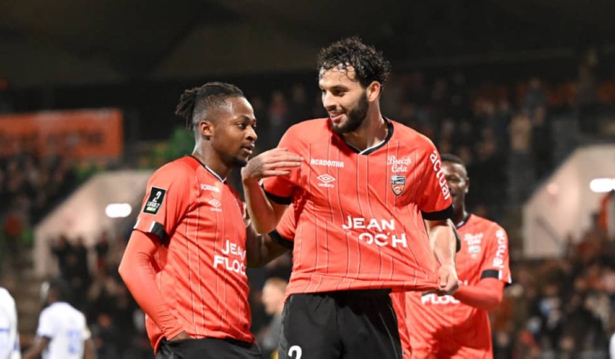 Joel Mugisha celebrates with his team mate during Lorient&#039;s 2-0 win over Troyes-Courtesy