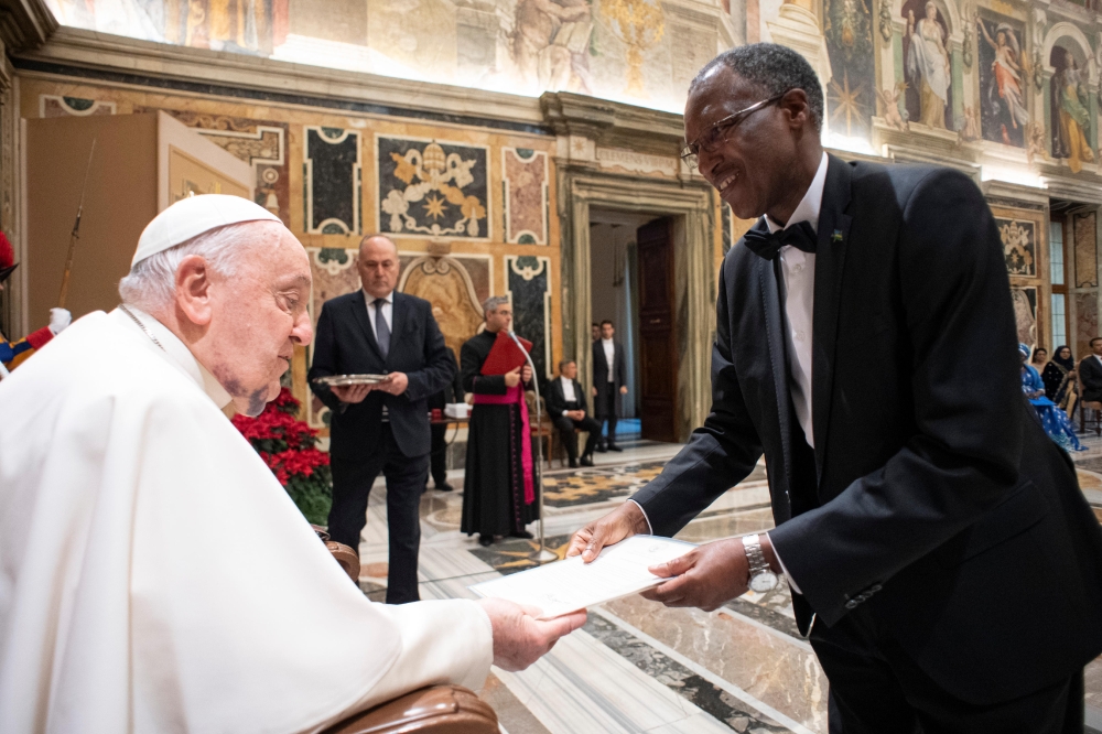 Ambassador James Ngango presents his letters of credence to Pope Francis on December 7, 2024. Courtesy