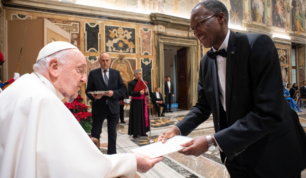 Ambassador James Ngango presents his letters of credence to Pope Francis on December 7, 2024. Courtesy