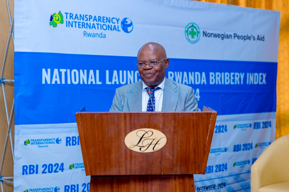 Apollinaire Mupiganyi, the TI-Rwanda Executive Director during the presentation of the 15th edition of the Rwanda Bribery Index (RBI), by Transparency International Rwanda on Wednesday, December 11.