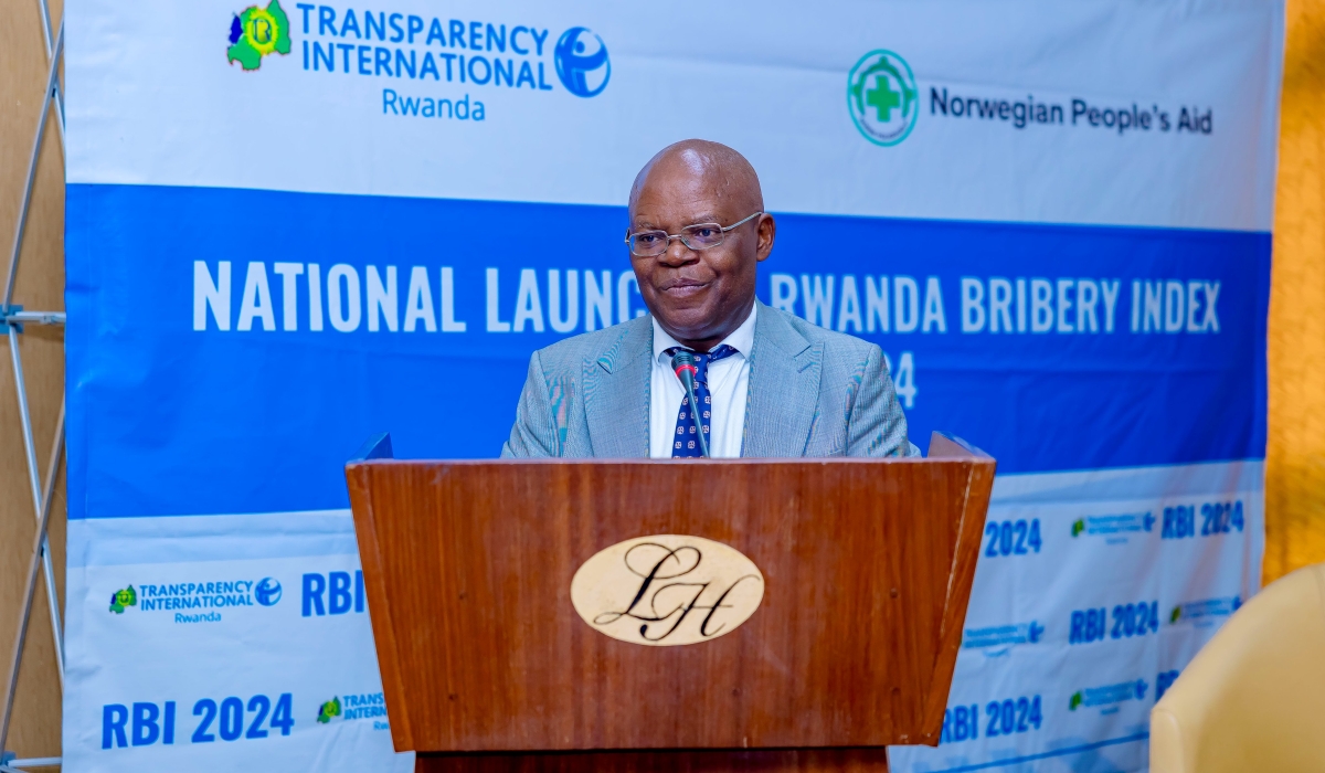 Apollinaire Mupiganyi, the TI-Rwanda Executive Director during the presentation of the 15th edition of the Rwanda Bribery Index (RBI), by Transparency International Rwanda on Wednesday, December 11.