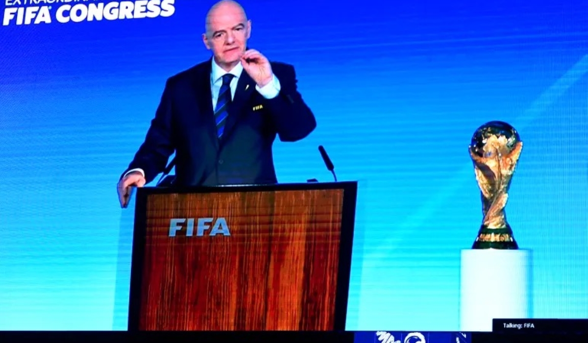 A speech by President of FIFA Gianni Infantino is broadcasted on a screen during a ceremony in the capital Riyadh on December 11, 2024, as the FIFA Congress votes for the hosting rights for the 2034 World Cup [Photo by AFP]