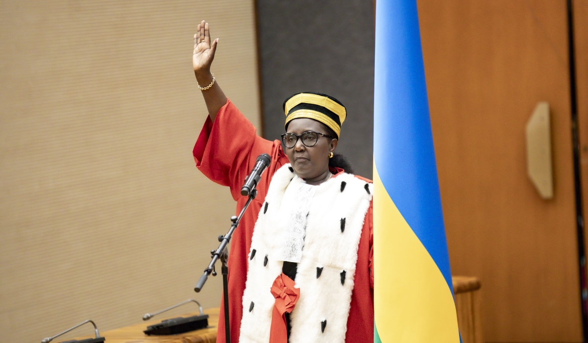 Chief Justice Domitilla Mukantaganzwa takes oath of office earlier Thursday.