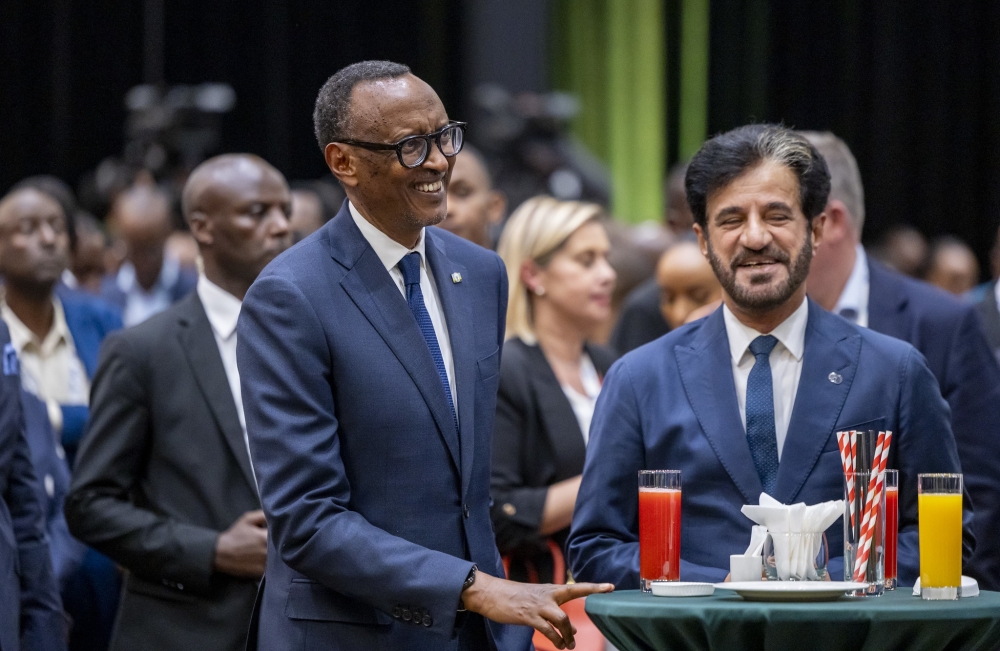 President Paul Kagame and FIA president Mohammed Ben Sulayem (R) during a cocktail reception  for the delegates of the FIA General Assembly and FIA Awards 2024, at KCC on Thursday, December 12. All Photos by Olivier Mugwiza