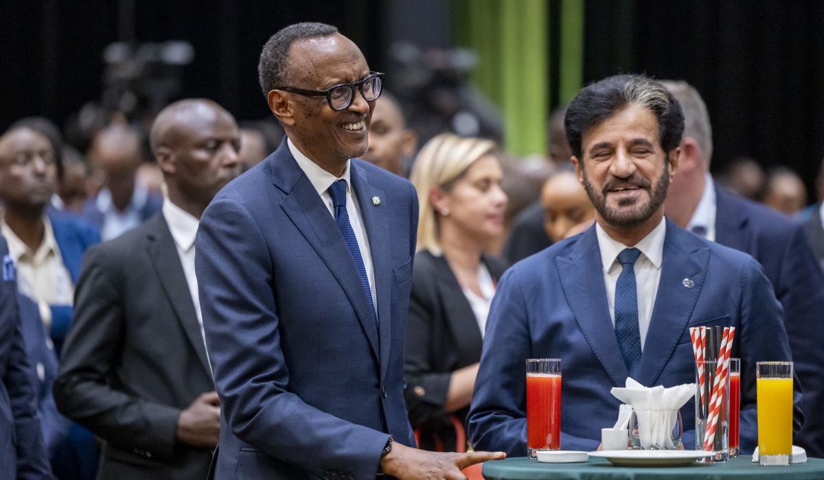 President Paul Kagame and FIA president Mohammed Ben Sulayem (R) during a cocktail reception  for the delegates of the FIA General Assembly and FIA Awards 2024, at KCC on Thursday, December 12. All Photos by Olivier Mugwiza