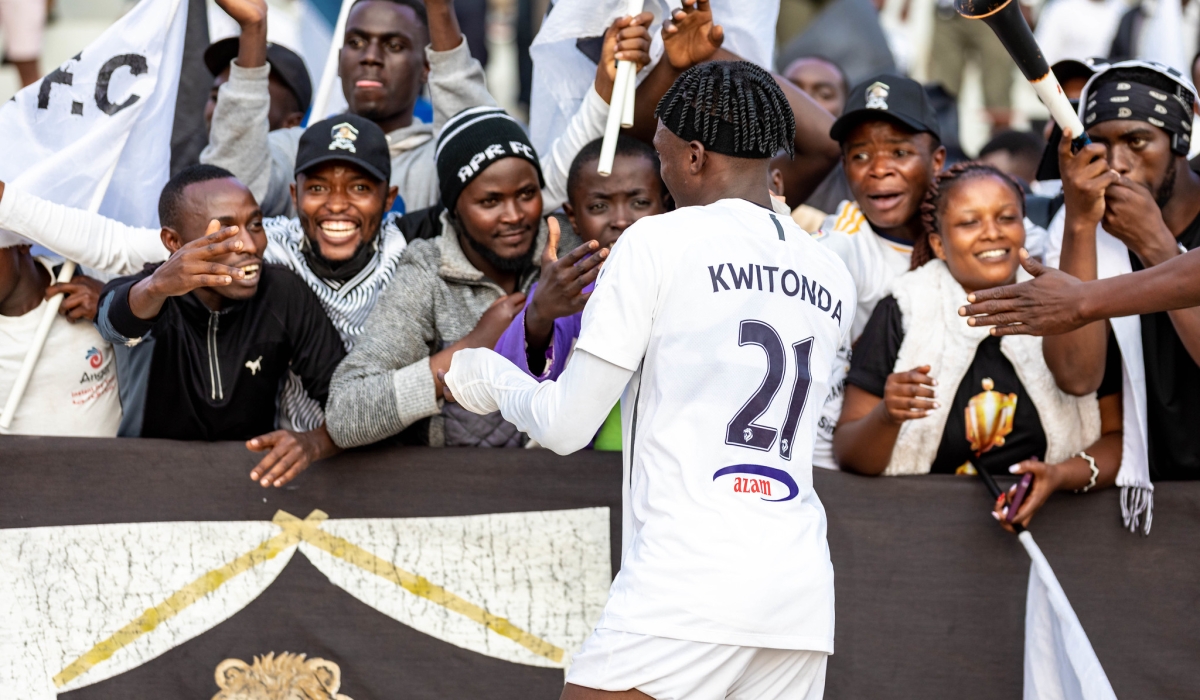 APR FC&#039;s Alain Bacca Kwitonda cheers on supporters in celebration of his screamer that completed club&#039;s 4-2  comeback against Mukura VS at Kigali Pele Stadium on Saturday. All photos by Craish BAHIZI