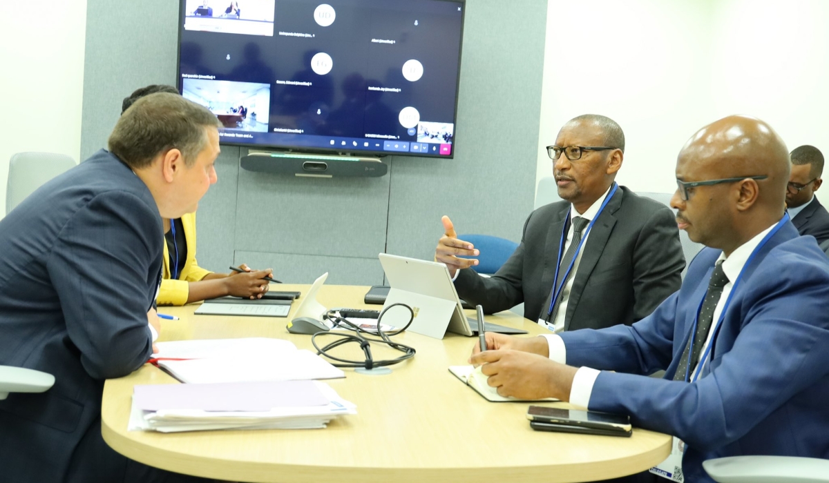 Yusuf Murangwa, the Minister of Finance and Economic Planning and  Central Bank Governor John Rwangombwa during a meeting with IMF representative on the sidelines of the IMF general meeting in New York in October.