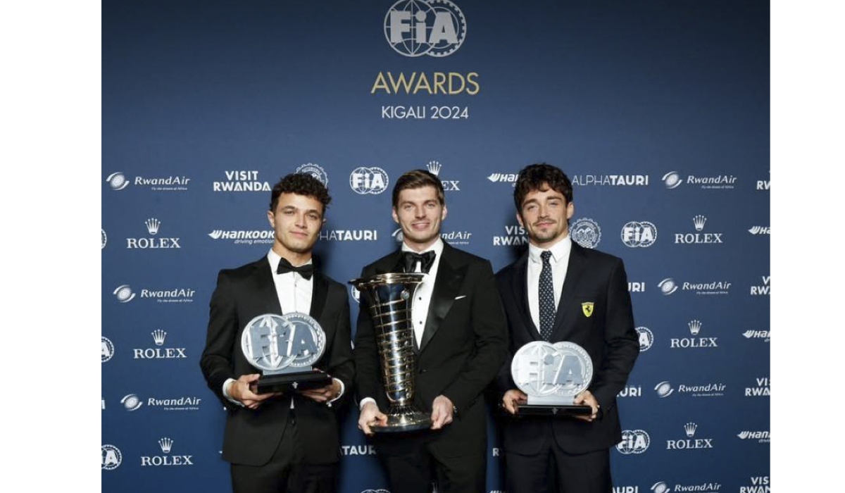 Max Verstappen (C), Lando Norris (L) and Charles Lecrerc (R) pose for a photo with their prizes during the FIA Awards gala at BK Arena on Friday, December 13-photo by FIA.