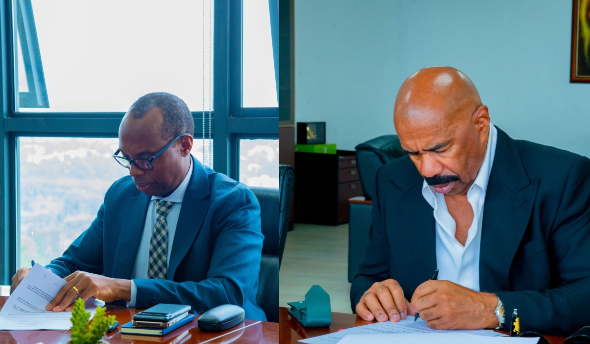  Rwanda Development Board CEO Francis Gatare (L) and American comedian and TV host Steve Harvey sign a partnership agreement in Kigali on Monday, December 16. According to a communique, the agreement centers on skills development in film, media, and education, promoting health campaigns, and establishing an academic institution under Melt Education. Courtesy