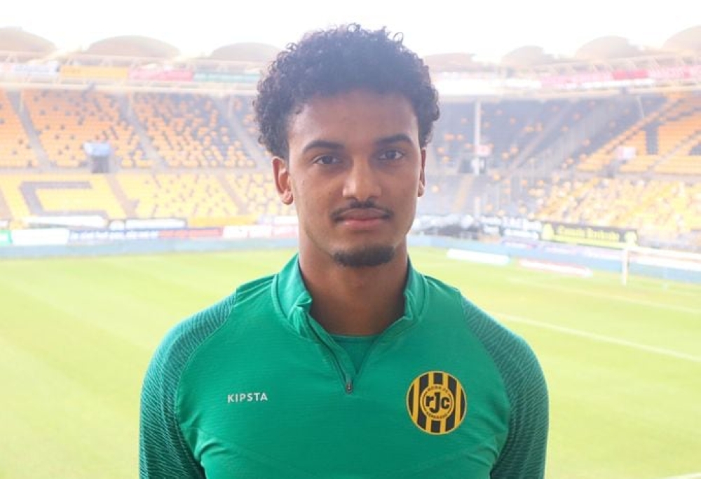 Rwandan goalkeeper Maxime Wenssens in Roda JC Kerkrade jersey at Parkstad Limburg Stadium after Monday&#039;s training. Courtesy