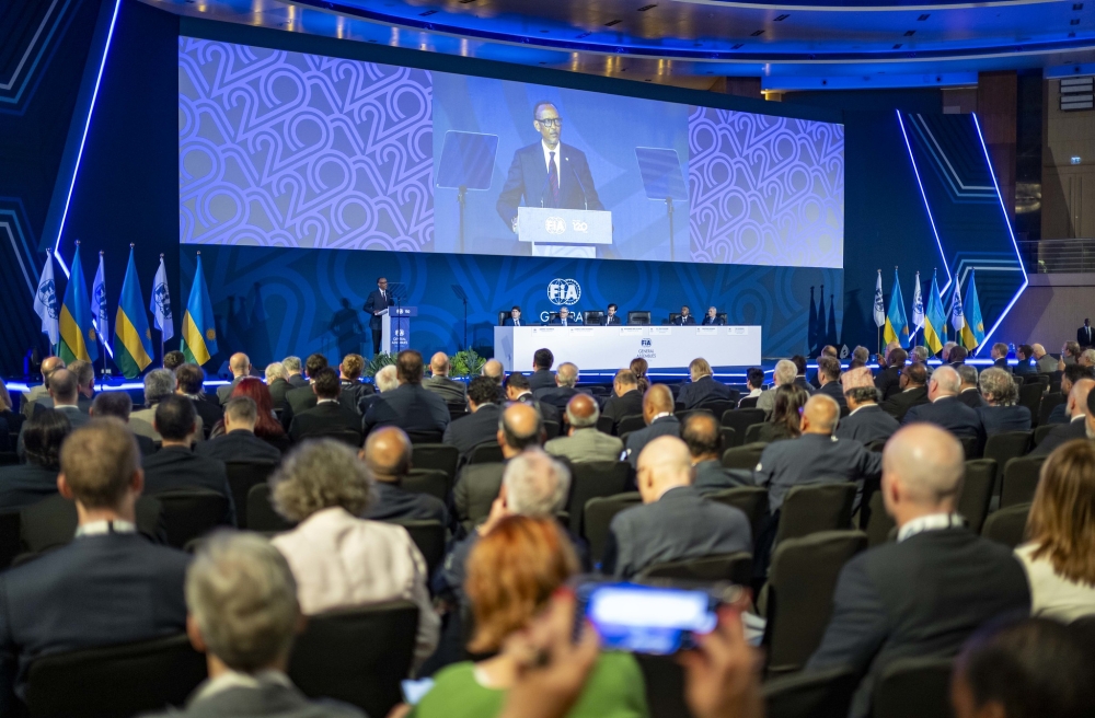 President Paul Kagame delivers his remarks during FIA General Assembly in Kigali  on Friday December 13. Kagame publicly announced that Rwanda was bidding to host Formula One racing.