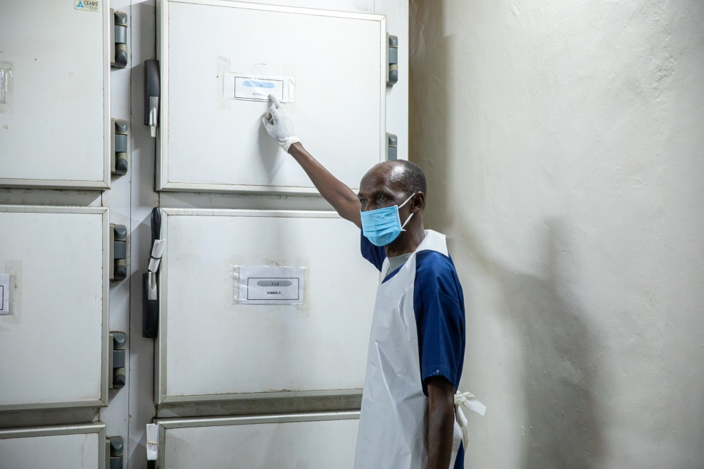 Assiel Ngarambe, CHUK’s longest serving morgue attendant, inside  the hospital&#039;s morgue. Photos by Willy Mucyo