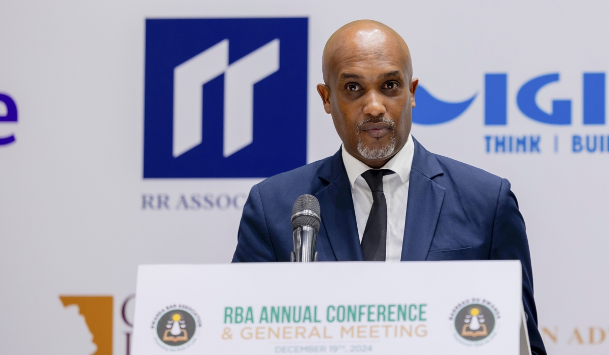 Minister of Justice and Attorney General Emmanuel Ugirashebuja addresses delegates during the Rwanda Bar Association’s annual conference on Thursday, December 19. Courtesy