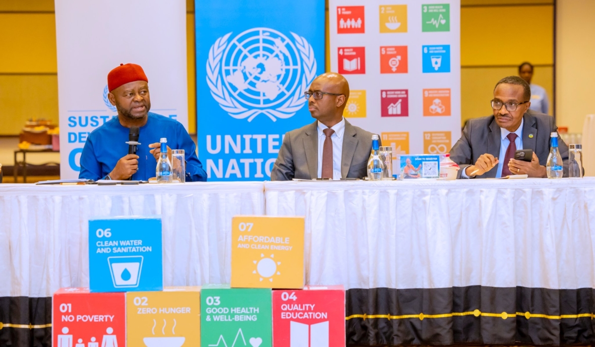 UN Resident Coordinator to Rwanda, Ozonnia Ojielo speaks at the joint meeting as Minister of Finance Yusuf Murangwa and Minister in charge of Emergency Management, Albert Murasira look on.