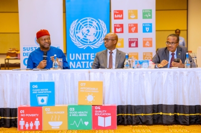 UN Resident Coordinator to Rwanda, Ozonnia Ojielo speaks at the joint meeting as Minister of Finance Yusuf Murangwa and Minister in charge of Emergency Management, Albert Murasira look on.