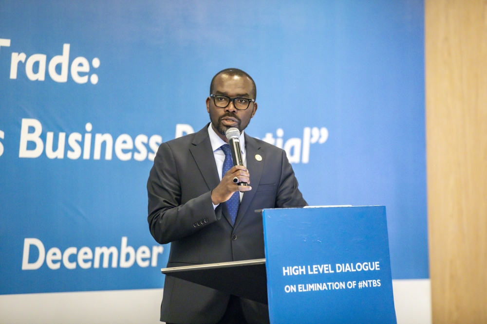 Minister of Trade and Industry,  Prudence Sebahizi,  delivers remarks at a high-level dialogue aimed at addressing the elimination of NTBs in Rwanda on Thursday, December 19. Emmanuel Dushimimana