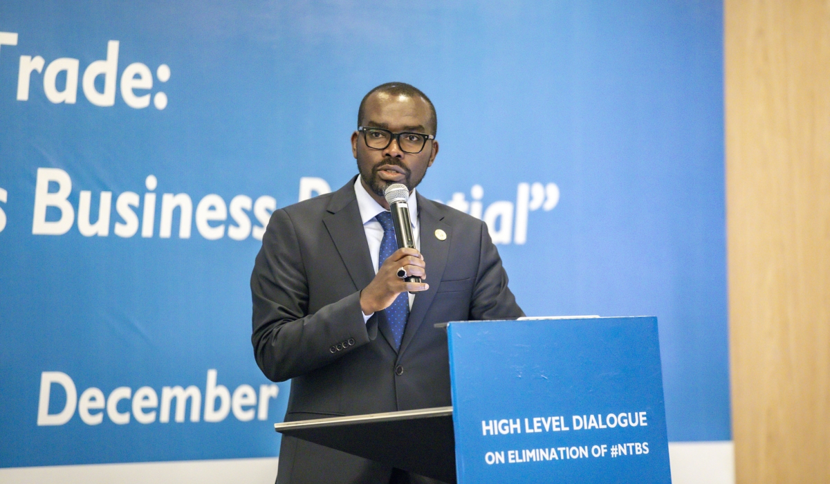 Minister of Trade and Industry,  Prudence Sebahizi,  delivers remarks at a high-level dialogue aimed at addressing the elimination of NTBs in Rwanda on Thursday, December 19. Emmanuel Dushimimana