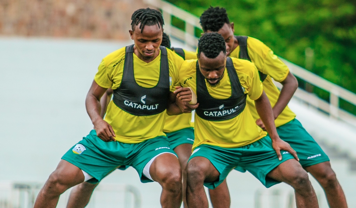 Rwanda captain Kevin Muhire (L) and Gilbert Mugisha vie for a ball  during a recent training session ahead of Sunday&#039;s CHAN Qualifying first leg clash against South Sudan in Juba-courtesy