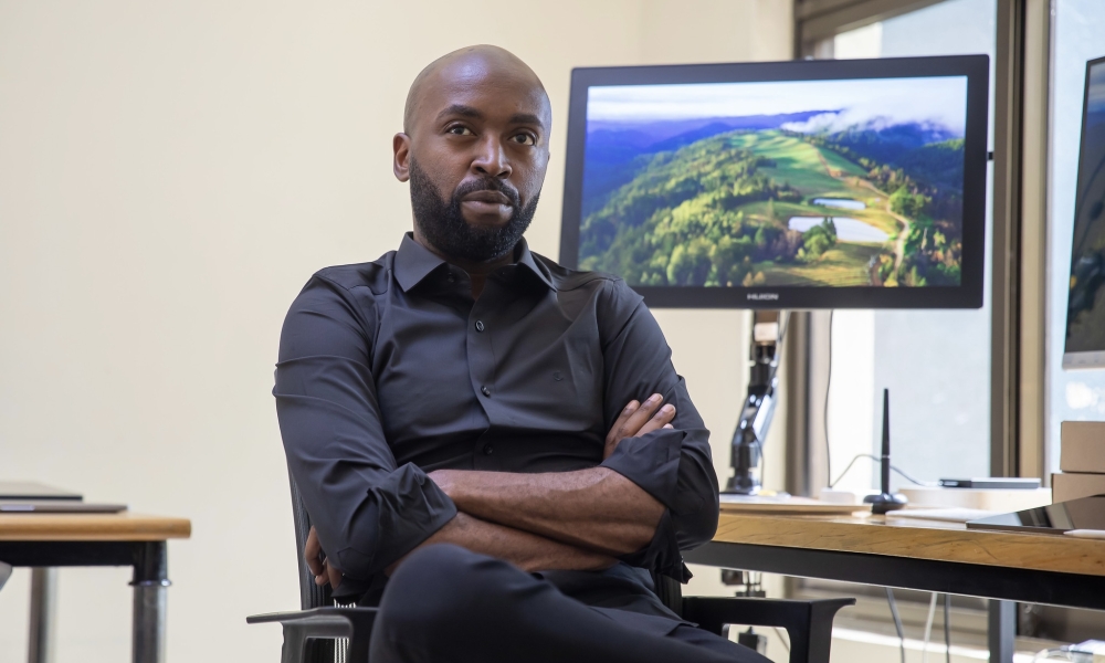 Rwandan visual artist Dolph Banza during the interview with The New Times. Photo: Willy Mucyo.