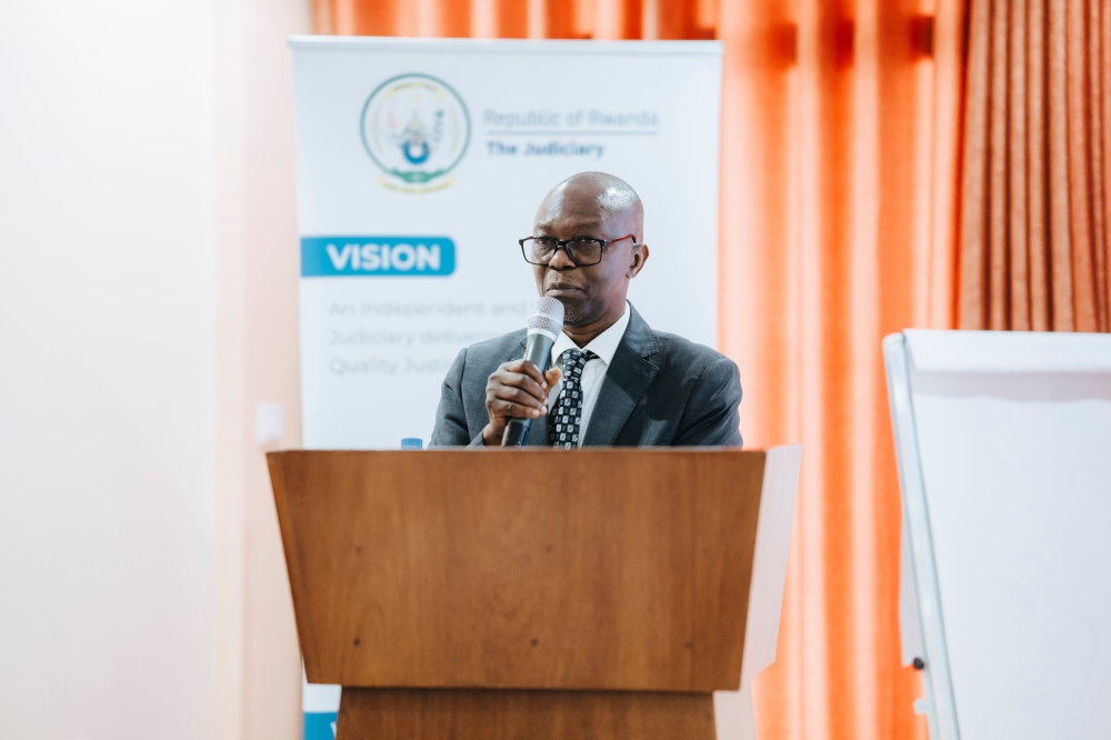 Deputy Chief Justice Alphonse Hitiyaremye speaks during the validation a study on justice needs and citizen satisfaction in Rwanda on December 27.