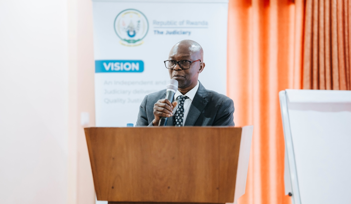 Deputy Chief Justice Alphonse Hitiyaremye speaks during the validation a study on justice needs and citizen satisfaction in Rwanda on December 27.