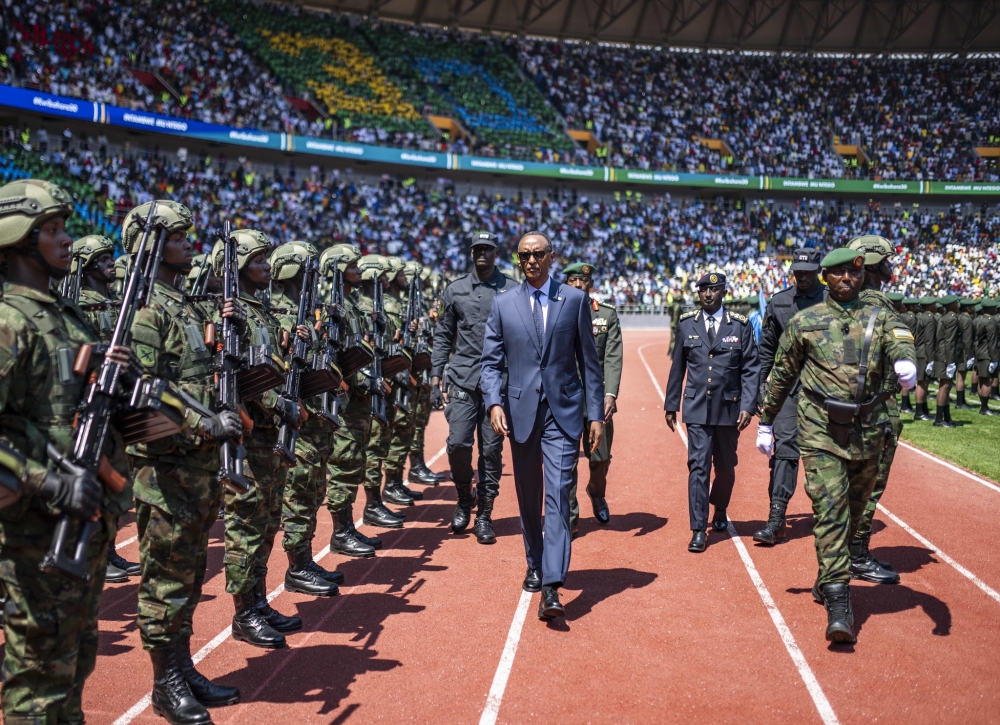 President Kagame, the Commander-In-Chief of the Rwanda Defence Force, inspects the military parade at Amahoro stadium during the Liberation Day Ceremony on July 7, 2024. Photo by Village Urugwiro