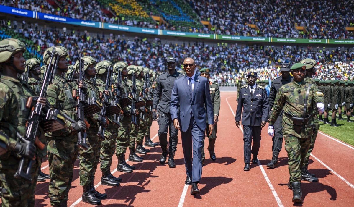 President Kagame, the Commander-In-Chief of the Rwanda Defence Force, inspects the military parade at Amahoro stadium during the Liberation Day Ceremony on July 7, 2024. Photo by Village Urugwiro