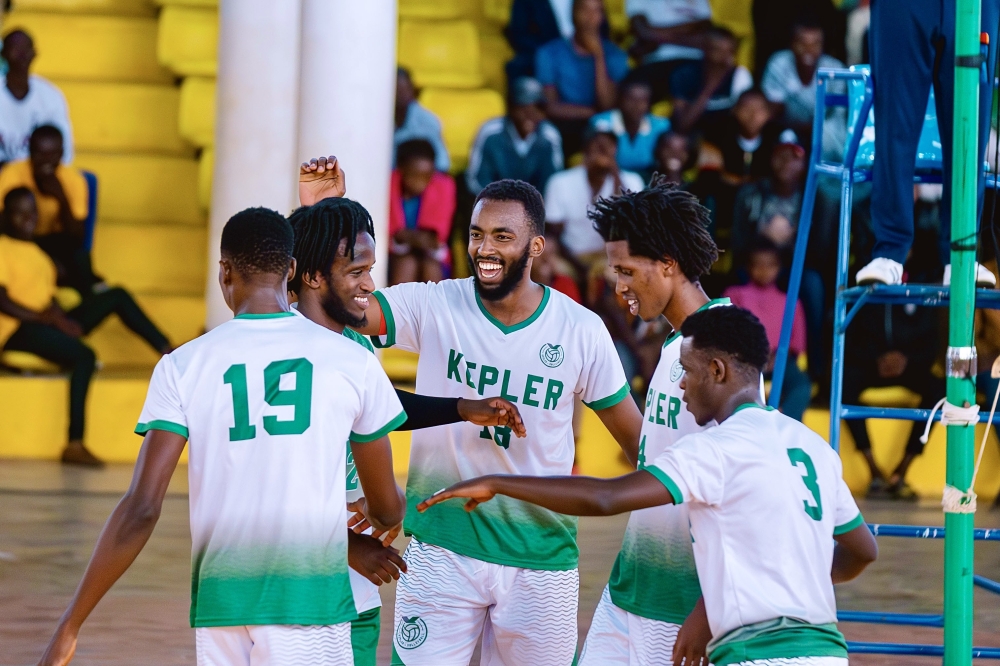 Kepler Volleyball Club players celebrate during a league game against REG. The team under the leadership of coach Fidèle Nyirimana, made remarkable progress in their first year.