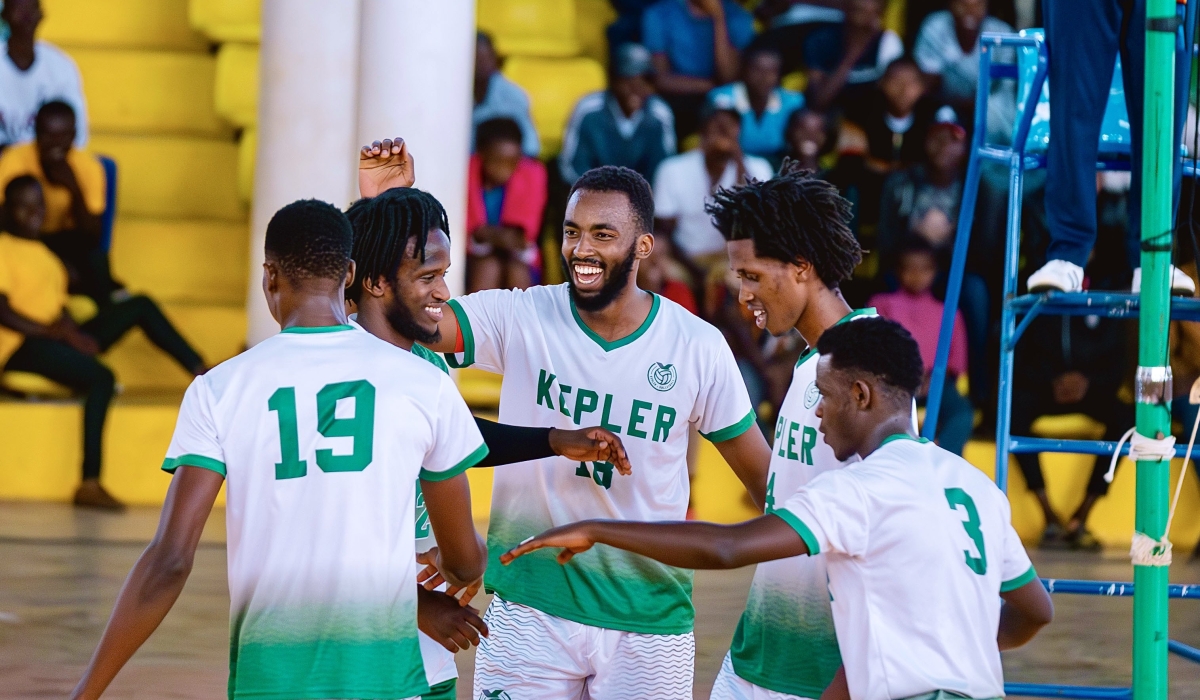 Kepler Volleyball Club players celebrate during a league game against REG. The team under the leadership of coach Fidèle Nyirimana, made remarkable progress in their first year.