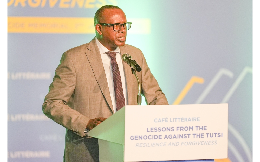 Jean Damascène Bizimana, the Minister of National Unity and Civic Engagement speaks at the launch of a catholic nun, Sister Marie Josepha Mukabayire’s memoir on January 3, 2024.