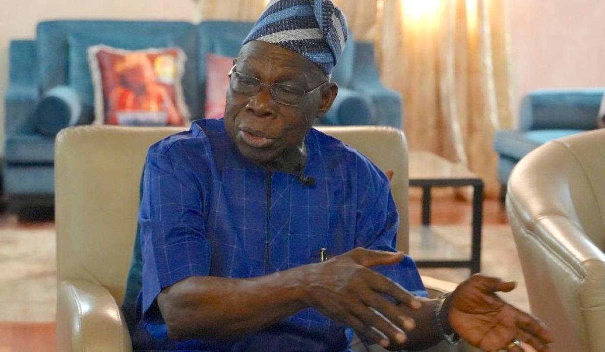 Former Nigerian President Olusegun Obasanjo speaks during an interview with Xinhua in Abeokuta, Ogun state of Nigeria, Nov. 18, 2024. (Xinhua/Hou Ming)